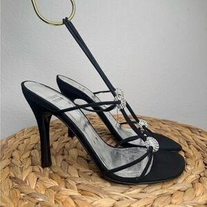 Stuart Weitzman Heel Sling Back Crystal Embellished Fabric Sandals Heels Black